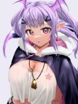 1girl absurdres arknights between_breasts black_cloak blurry blurry_background blush breasts cleavage cloak commentary crop_top crop_top_overhang crossed_arms dog_tags fur-trimmed_cloak fur_trim furrowed_brow grey_background hair_ornament hairclip head_wings highres jewelry large_breasts light_purple_hair long_hair looking_at_viewer manticore_(arknights) necklace paid_reward_available parted_lips pointy_ears purple_eyes scorpion_tail sidelocks simple_background solo star_(symbol) tail tank_top twintails upper_body white_tank_top ym-1 