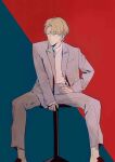  1boy ash_lynx banana_fish blonde_hair blue_background blue_eyes grey_jacket jacket male_focus p_ppp_(doubledash_bank) pants red_background shirt short_hair simple_background sitting solo stool two-tone_background white_shirt 