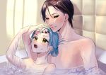  1boy 1other bathtub black_hair black_nails black_sclera blue_hair blush closed_mouth collarbone colored_sclera diablo_(tensei_shitara_slime_datta_ken) hand_on_another&#039;s_head indoors nail_polish nude nukogami_(minniecatlove21) open_mouth partially_submerged rimuru_tempest shiny shiny_hair short_hair tensei_shitara_slime_datta_ken wet wet_hair yellow_eyes 