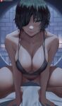  1girl all_fours ass_visible_through_thighs bangs bare_shoulders bed_sheet black_camisole black_hair black_panties blurry blurry_background blush breasts camisole chainsaw_man cleavage closed_mouth collarbone eyepatch hanging_breasts highres himeno_(chainsaw_man) indoors large_breasts looking_at_viewer navel night on_bed panties parted_bangs patreon_logo patreon_username shexyo short_hair solo spread_legs strap_gap underwear web_address 