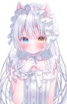  1girl animal_ears blue_eyes blush closed_mouth heterochromia highres long_hair looking_at_viewer maid_headdress original puu_(kari---ume) simple_background sleeveless solo upper_body white_background white_hair wrist_cuffs yellow_eyes 