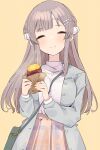  1girl bag bandaid bandaid_on_face closed_eyes closed_mouth coat eating food foodgasm grey_coat grey_hair hair_ornament hairclip handbag highres idolmaster idolmaster_shiny_colors long_hair pom_pom_(clothes) sidelocks skirt solo sweater sweet_potato tsuchi_(sh_spica1) turtleneck turtleneck_sweater white_sweater yukoku_kiriko 