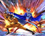  2boys black_eyes black_footwear cape dragon_ball dragon_ball_super dragon_ball_super_super_hero energy_gun explosion gamma_2 gun handgun highres holding holding_gun holding_weapon ks_(minusks) miyano_mamoru multiple_boys ray_gun superhero ultra_series ultraman_z ultraman_z_(series) ultraman_zero ultraman_zero_the_movie voice_actor_connection weapon 