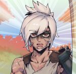  1boy bangs beard brown_eyes collarbone facial_hair genderswap genderswap_(ftm) league_of_legends open_mouth phantom_ix_row portrait riven_(league_of_legends) scar shiny shiny_hair shiny_skin short_hair shoulder_plates single_shoulder_pad solo teeth tree upper_teeth 