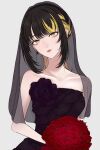 1girl animal_ears bare_shoulders black_dress black_flower black_hair black_rose blonde_hair bouquet breasts bridal_veil collarbone dress flower grey_background highres holding holding_bouquet idolmaster idolmaster_shiny_colors ikaruga_luca inase_(1na1000) looking_at_viewer multicolored_hair original parted_lips red_flower red_rose rose sidelocks simple_background small_breasts smile solo strapless strapless_dress streaked_hair veil yellow_eyes 