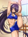  1girl absurdly_long_hair antenna_hair armpits bare_arms bare_legs barefoot blue_shorts blue_sports_bra breasts cleavage closed_mouth floating_hair grey_eyes hair_over_one_eye ikkitousen indoors kan&#039;u_unchou large_breasts leg_up long_hair looking_at_viewer low-tied_long_hair midriff navel purple_hair shiny shiny_hair shiny_skin short_shorts shorts smile solo split sports_bra standing standing_on_one_leg standing_split stomach underboob very_long_hair 