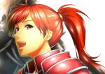  1boy 1girl :d absurdres aduti_momoyama armor black_armor eyelashes fire_emblem fire_emblem:_path_of_radiance fire_emblem:_radiant_dawn haar_(fire_emblem) highres jill_(fire_emblem) long_hair open_mouth ponytail red_armor red_eyes red_hair simple_background smile solo_focus turtleneck upper_body white_background 