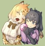  2girls animal_ears black_bow black_bowtie black_fur black_gloves black_hair black_jaguar_(kemono_friends) blonde_hair blue_eyes blush bow bowtie brown_hair burikarun center_frills elbow_gloves food frills fur_collar gloves highres jaguar_(kemono_friends) jaguar_ears jaguar_print japari_bun kemono_friends kemono_friends_3 multiple_girls one_eye_closed open_mouth print_gloves print_skirt purple_shirt shirt short_hair skirt white_fur white_shirt yellow_eyes 