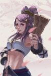  1girl armpits bangs bare_shoulders beads breasts cherry_blossoms cowboy_shot day detached_sleeves earrings fire_emblem fire_emblem_fates hair_bun hair_ornament hair_stick highres japanese_clothes jewelry long_hair looking_at_viewer mature_female midriff navel open_mouth orochi_(fire_emblem) outdoors prayer_beads purple_eyes purple_hair smile solo talisman tree umbraria 