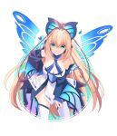  1girl antenna_hair azure_striker_gunvolt bare_shoulders blonde_hair breasts butterfly_wings cleavage collarbone detached_sleeves green_eyes hair_between_eyes highres leaning_forward lololotton long_hair looking_at_viewer lumen_(gunvolt) medium_breasts smile solo thighhighs very_long_hair wings 