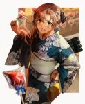  1girl 9-ga akigumo_(kancolle) blush brown_hair dated floral_print green_eyes green_kimono hair_between_eyes highres holding japanese_clothes kantai_collection kimono long_hair long_sleeves obi open_mouth print_kimono sash signature smile solo upper_body wide_sleeves 