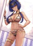  1girl ankh black_bra black_hairband black_panties blue_eyes blue_hair blurry blurry_background bra breasts candace_(genshin_impact) cleavage closed_mouth commission dark-skinned_female dark_skin egyptian eye_of_horus genshin_impact gold_choker hairband hand_on_hip head_tilt heterochromia highres large_breasts lingerie looking_at_viewer mixed-language_commentary navel panties short_hair_with_long_locks signature skeb_commission smile solo thighlet underwear wristlet yaoto yellow_eyes 