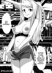  1girl breasts closed_mouth english_text fullmetal_alchemist greyscale highres long_hair monochrome nipples pinup_(style) ponytail r-e-l-o-a-d smile twitter_username winry_rockbell 