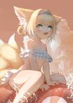  1girl absurdres animal_ear_fluff animal_ears arknights artist_name bangs between_legs bikini blonde_hair blue_bikini blue_eyes blue_hairband blush braid chack520 cloud cloudy_sky collarbone feet_out_of_frame fox_ears fox_girl fox_tail frilled_bikini frills hair_intakes hairband hand_between_legs highres looking_to_the_side medium_hair multicolored_hair multiple_tails plaid plaid_bikini red_sky signature sitting sky solo splashing suzuran_(arknights) swimsuit tail thighs twin_braids two-tone_bikini two-tone_hair water wet white_bikini white_hair 