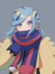  1boy aqua_eyes aqua_hair aroma_0404 blue_mittens closed_mouth commentary_request grey_background grusha_(pokemon) hand_up highres jacket long_hair long_sleeves looking_to_the_side male_focus mittens pokemon pokemon_(game) pokemon_sv scarf simple_background solo striped striped_scarf upper_body yellow_jacket 