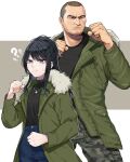  1boy 1girl ? ?? black_hair black_shirt buzz_cut camouflage camouflage_pants clenched_hands crossover denim facial_hair fighting_stance fur-trimmed_jacket fur_trim green_jacket highres hood hooded_jacket idolmaster idolmaster_shiny_colors jacket jeans kazano_hiori mole mole_under_mouth pants randompeeps ryuu_ga_gotoku_(series) ryuu_ga_gotoku_5 saejima_taiga shirt short_hair sidelocks simple_background sweatdrop v-shaped_eyebrows very_short_hair 