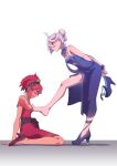  2girls absurdres aqua_eyes bangs bare_legs bare_shoulders barefoot blue_dress dress evening_gown feet formal grey_eyes grey_hair gundam gundam_suisei_no_majo hair_between_eyes hej_(mugmnm51) high_heels highres long_hair low_ponytail miorine_rembran multiple_girls red_dress red_hair shoes shoes_removed suletta_mercury swept_bangs yuri 