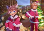  2boys :o animal_ear_fluff bangs black_gloves blue_eyes blurry blurry_background blush brown_hair capelet character_request christmas christmas_ornaments christmas_tree closed_mouth commentary_request depth_of_field fur-trimmed_gloves fur-trimmed_jacket fur-trimmed_sleeves fur_trim gloves green_ribbon hair_between_eyes hand_on_hip hat indie_virtual_youtuber jacket kou_hiyoyo long_sleeves looking_at_viewer maomao_shaoran multiple_boys neck_ribbon open_mouth pants red_capelet red_jacket red_pants ribbon santa_costume santa_hat smile star_(symbol) tail tilted_headwear virtual_youtuber 