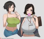  2girls bag bare_arms black_eyes black_hair bob_(bobtheneet) breasts chewing_gum cleavage earrings hair_ornament hairclip holding holding_bag huge_breasts jewelry large_breasts looking_at_viewer midriff multiple_girls navel original plump short_hair skindentation 