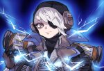  1girl animification apex_legends bangs black_gloves black_headwear black_jacket collared_shirt deep_current_wattson electricity eyepatch gloves grey_hair grey_shirt jacket looking_at_viewer official_alternate_costume one_eye_covered open_hands portrait riku_(ururi7610) shirt smile solo wattson_(apex_legends) yellow_eyes 