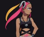  1girl blonde_hair closed_mouth commentary elizabeth_(tomas21) eyeshadow frown hair_ornament jewelry long_hair looking_to_the_side makeup midriff multicolored_hair necklace pink_hair plumeria_(pokemon) pokemon pokemon_(game) pokemon_sm quad_tails skull_hair_ornament skull_necklace solo stomach_tattoo tank_top tattoo team_skull two-tone_hair upper_body yellow_eyes 