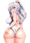  1girl absurdres ass ass_grab bare_shoulders blue_eyes blush from_behind grabbing_own_ass grey_hair hair_ribbon highres impossible_clothes impossible_swimsuit kantai_collection kashima_(kancolle) kurokoshou_(emuburemu123) long_hair looking_back one-piece_swimsuit open_mouth ponytail ribbon smile solo swimsuit trefoil 