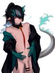  1boy acuonoa arknights bar_censor black_coat black_collar black_hair blush censored coat collar colored_skin cowboy_shot detached_collar dragon_boy dragon_horns dragon_tail earrings embarrassed flaccid genderswap genderswap_(ftm) green_skin hair_between_eyes hair_over_one_eye highres horns jewelry ling_(arknights) long_sleeves looking_at_viewer male_focus medium_hair naked_coat navel necktie nipples off_shoulder one_eye_covered open_clothes open_coat penis pointy_ears red_eyes red_necktie solo tail tassel tassel_earrings 