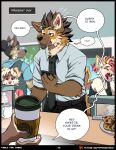  anthro ben_(roanoak) beverage brown_hair canid canine canis clothed clothing coffee comic dialogue female group hair hi_res male mammal maned_wolf necktie red_eyes roanoak solo solo_focus wolf 