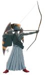  anthro arrow_(weapon) asian_clothing bottomwear bow_(weapon) clothed clothing dinosaur east_asian_clothing goodbye_volcano_high heartsick japanese_clothing long_snout male muscular muscular_male naser_(gvh) pterodactylus pterosaur ranged_weapon reptile scalie simple_background skirt snoot_game_(fan_game) snout solo video_games weapon white_background wings yellow_eyes 