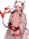  1boy acuonoa arknights bar_censor censored coat colored_skin cowboy_shot dragon_boy dragon_horns dragon_tail flaccid flame-tipped_tail genderswap genderswap_(ftm) highres horns leg_tattoo looking_at_viewer male_focus multicolored_hair naked_coat nian_(arknights) nipples open_clothes open_coat penis pointy_ears purple_eyes red_hair red_skin short_hair simple_background solo streaked_hair tail tattoo teeth tongue tongue_out upper_teeth white_background white_coat white_hair 