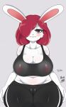  anthro big_breasts breasts camel_toe cleavage clothed clothing female fur hair hair_over_eye hi_res kyodashiro lagomorph leporid mammal one_eye_obstructed rabbit red_hair solo thick_thighs white_body white_fur 