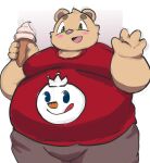  2022 anthro belly big_belly blush bottomwear clothing dessert food green_eyes hi_res humanoid_hands ice_cream inigo_(kusosensei) kemono kusosensei male mammal obese obese_male overweight overweight_male pants solo ursid 