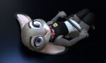  2022 3d_(artwork) anthro blue_background bottomless bow_tie clothed clothing digital_media_(artwork) disney eyebrows eyelashes feet female fingers fur grey_body grey_fur hi_res holding_object judy_hopps knees_together lagomorph legs_together legwear leporid long_ears looking_at_viewer lying mammal melo mostly_nude multicolored_body multicolored_ears multicolored_fur on_back pink_nose police_badge police_baton purple_eyes rabbit short_tail simple_background smile solo stockings toeless_legwear toes topwear white_body white_fur zootopia 