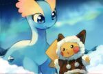  :o amaura aurora blue_eyes brown_coat closed_mouth clothed_pokemon coat commentary_request elizabeth_(tomas21) hood hood_up hooded_coat night no_humans outdoors pikachu pokemon pokemon_(creature) sky smile snow 