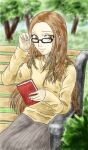  1girl bench book fushimi_chihiro glasses holding holding_book kane_(persona) looking_to_the_side painting_(medium) park_bench persona persona_3 traditional_media watercolor_(medium) watercolor_pencil_(medium) 