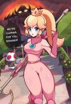  1girl 2boys :o blonde_hair blue_eyes bodysuit bowser breasts crown earrings english_text gloves highres holding holding_weapon jewelry light_blush long_hair mario_(series) multiple_boys pink_bodysuit pink_gloves plant ponytail princess_peach sidelocks speech_bubble the_super_mario_bros._movie toad_(mario) touyarokii tree twitter_username vase weapon 
