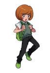  1boy :o backpack bag bangs black_pants brown_hair collared_shirt commentary_request elizabeth_(tomas21) full_body green_bag green_footwear grey_eyes highres holding_strap looking_down male_focus pants pokemon pokemon_(game) pokemon_xy shirt shoes short_hair short_sleeves simple_background solo sweater_vest trevor_(pokemon) white_background 