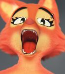  anthro azerta56 bodily_fluids canid canine diane_foxington dreamworks eyebrow_piercing eyebrows facial_piercing female fox fur green_eyes hi_res mammal mouth_shot open_mouth orange_body orange_fur piercing red_tongue saliva solo teeth the_bad_guys throat tongue tongue_out 