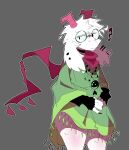  2_horns anthro bovid caprine cloak clothed clothing deltarune ear_piercing eyewear fingerless_gloves floppy_ears fur gloves goat green_clothing handwear hi_res horn jewelry male mammal necklace piercing pink_horn pink_scarf ralsei scarf simple_background solo undertale_(series) video_games white_body white_fur xexeezy 