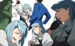  1girl 2boys ace_attorney ascot black_gloves black_hair black_vest blue_eyes blue_hair blue_jacket closed_mouth coat dick_gumshoe earrings formal franziska_von_karma gem gloves green_coat holding holding_whip jacket jewelry juliet_sleeves long_sleeves mole mole_under_eye multiple_boys open_mouth phoenix_wright puffy_sleeves roku_(bb8800xx) shirt short_hair simple_background smile vest vest_over_shirt whip white_background white_shirt 
