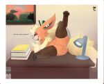  &lt;3 big_ears blonde_hair book clothed clothed_feral clothing desk dialogue ear_piercing eeveelution female feral flareon fur furniture generation_1_pokemon genitals hair hi_res humanoid_genitalia humanoid_pussy lamp legwear nintendo office on_desk one_leg_up orange_body orange_fur painting_(object) paws piercing plump_labia pokemon pokemon_(species) presenting presenting_pussy pussy raised_leg seductive smile solo stockings table thigh_highs video_games vilf 