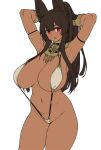  1girl animal_ears ankh anubis_(houtengeki) arm_strap armpits arms_behind_head arms_up bangs bare_shoulders bracer breasts cleavage dark-skinned_female dark_skin egyptian high_ponytail highres houtengeki jackal_ears large_breasts long_hair looking_at_viewer navel original red_eyes sidelocks simple_background slingshot_swimsuit solo swimsuit thighs usekh_collar white_background 