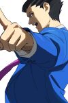  1boy ace_attorney black_hair blue_eyes blue_jacket formal highres jacket long_sleeves looking_at_viewer necktie open_mouth phoenix_wright pink_necktie pointing pointing_at_viewer profile roku_(bb8800xx) short_hair simple_background solo spiked_hair suit white_background 