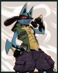  4:5 abs absurd_res anthro blue_body bulge chest_spike darkluxia fur fur_tuft generation_4_pokemon hi_res looking_at_viewer lucario male nintendo pokemon pokemon_(species) smile smiling_at_viewer solo spikes spikes_(anatomy) tuft video_games 