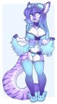  2016 anthro biped blindfold blue_background blue_clothing blue_eyes blue_hair blue_legwear blue_panties blue_slippers blue_thigh_highs blue_topwear blue_underwear border braided_hair breasts bunny_slippers cleavage clothed clothing clothing_bow collar digital_media_(artwork) ear_piercing felid feline female full-length_portrait fur gradient_hair gradient_thigh_highs hair hi_res industrial_piercing legwear lily_(crystalscar) lingerie mammal markings mask navel outside_border panties piercing portrait purple_clothing purple_hair purple_legwear purple_thigh_highs shaded simple_background sleep_mask slippers solo standing striped_body striped_fur striped_markings striped_tail stripes tail_markings thigh_highs topwear underwear white_border zyira 