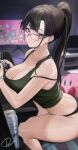  1girl bangs bare_arms bare_shoulders beer_can black_bra black_eyes black_hair black_panties black_tank_top blurry bra bra_strap breast_rest breasts can cleavage collarbone commentary commission controller crop_top depth_of_field elbow_rest english_commentary from_side game_controller glasses highres holding holding_controller holding_game_controller indoors keyboard_(computer) kirby lace-trimmed_panties lace_trim large_breasts long_hair looking_at_viewer midriff monitor original panties parted_lips ponytail preview_(preview0) red-framed_eyewear sidelocks signature sitting solo spaghetti_strap strap_slip tank_top thighs underwear watch wristwatch 