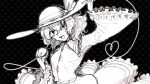  1girl arm_up black_background blouse bow bright_pupils buttons diamond_button eyeball fangs frilled_shirt_collar frilled_skirt frilled_sleeves frills greyscale hand_on_headwear hat hat_bow hat_ribbon heart heart_of_string highres komeiji_koishi long_sleeves medium_hair monochrome necrono3con open_mouth ribbon shirt sidelocks simple_background skirt solo third_eye touhou wavy_hair wide_sleeves 