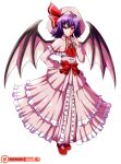  1girl absurdres alternate_costume artist_name ascot bat_wings capelet dress frilled_dress frills full_body hand_on_hip hat highres long_dress long_sleeves mgx0 patreon_logo pink_capelet pink_dress pink_headwear purple_hair red_ascot red_eyes remilia_scarlet smile solo touhou watermark wings 