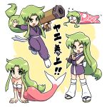  1girl :d ;d breasts brown_footwear cleavage closed_mouth commentary fishnets flying_sweatdrops ganbare_goemon green_eyes green_hair highres holding holding_weapon japanese_clothes kimono koinobori long_hair medium_breasts mermaid monster_girl multiple_views muu_(mumumer) ninja one_eye_closed purple_kimono rocket_launcher smile socks standing tabi translation_request v-shaped_eyebrows very_long_hair weapon white_socks wide-eyed windsock yae_(ganbare_goemon) zouri 