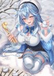  1girl absurdres ahoge bare_shoulders beret blue_hair blush braid bratja breasts cleavage elf from_above hair_between_eyes hat highres hololive large_breasts long_hair mold_(casting) open_mouth orange_eyes outdoors pointy_ears seiza sitting smile snow snowball thighhighs very_long_hair virtual_youtuber white_thighhighs yukihana_lamy zettai_ryouiki 